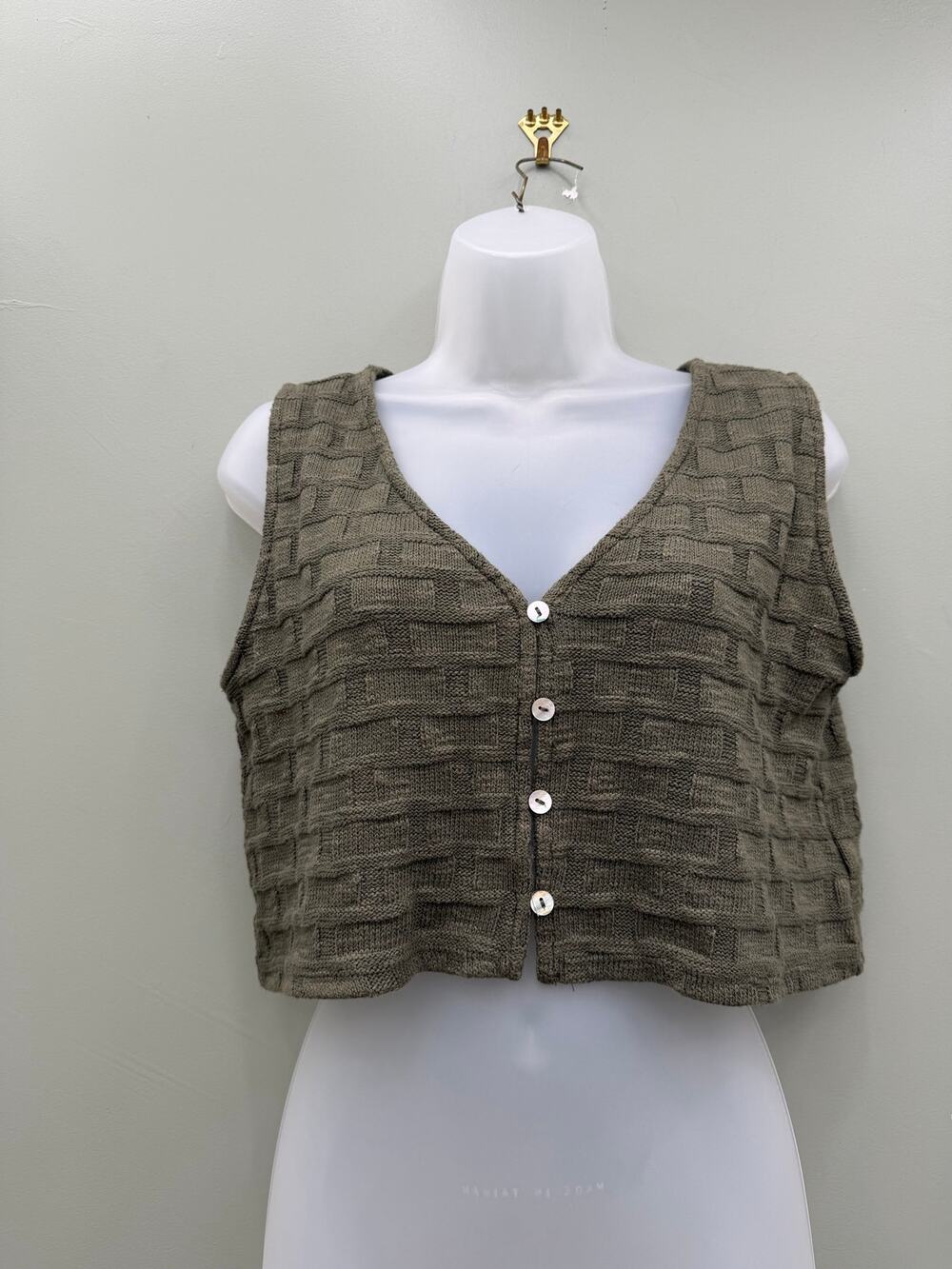 Madewell Basketweave Sweater Vest M Olive Cropped Button Front Knit NN249